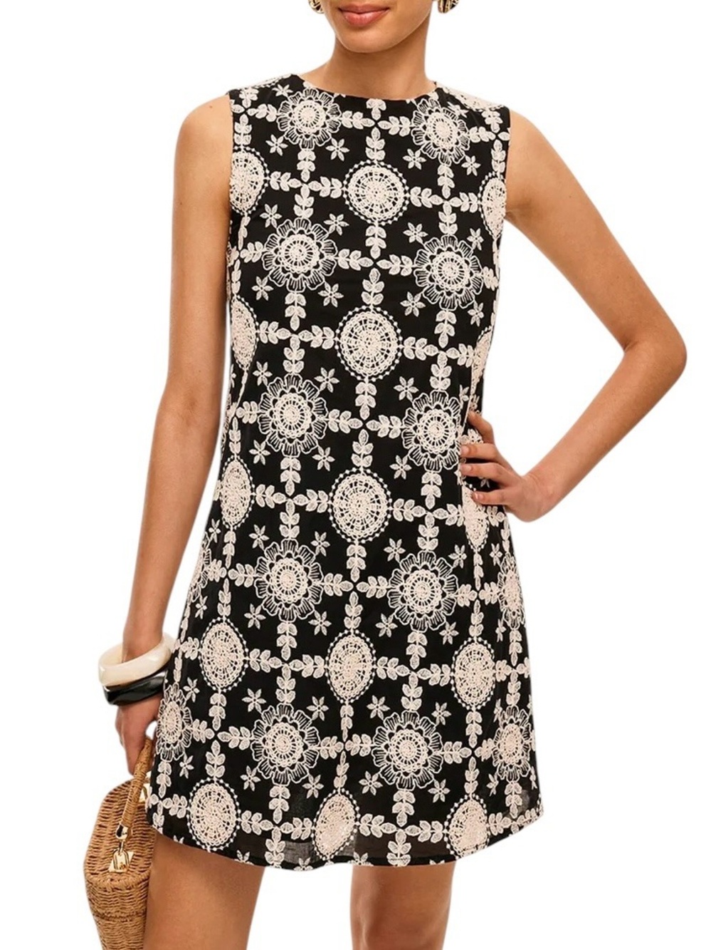 Commense Embroidered Cotton Mini Dress Black Ivory Floral Lace Medium NWT